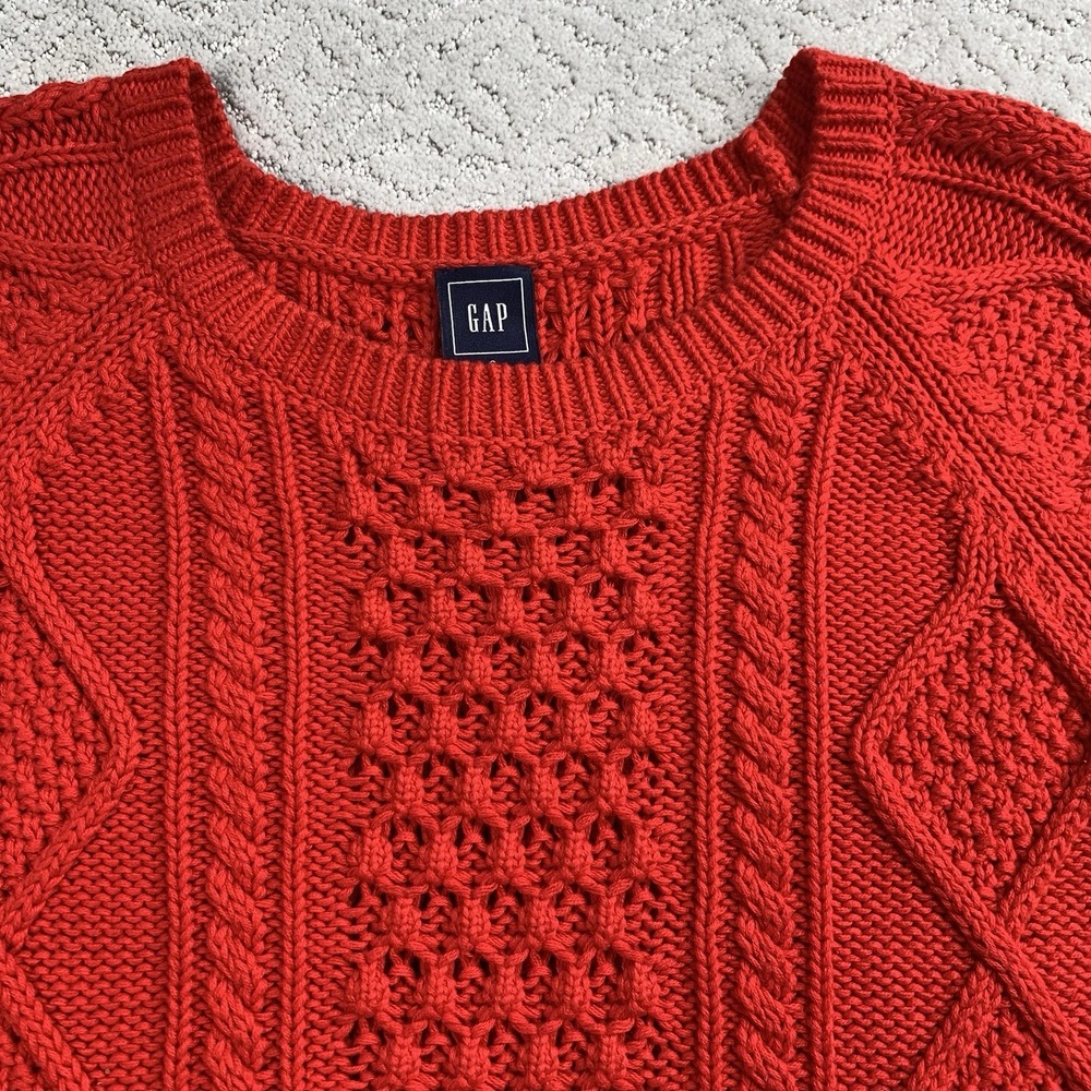 Gap Chunky Cable Knit Sweater Womens Small Red 100% Cotton Crewneck - Picture 2 of 9